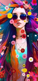 Vibrant portrait of a woman with colorful hair and flowers.