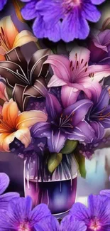 Vibrant wallpaper of lilies in a vase with purple accents.