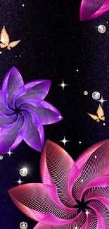 Purple and pink flowers on a starry background with butterflies.