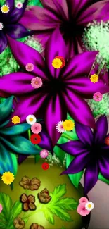 Vibrant purple floral wallpaper with decorative vase.