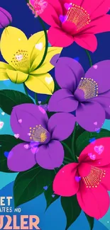 Colorful flowers with a vibrant blue background wallpaper.