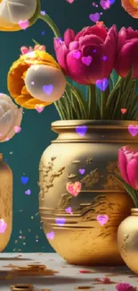 Colorful tulips in gold vases with a bee, vibrant floral art.