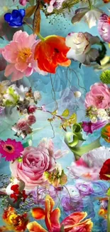 Vibrant floral fantasy art wallpaper with colorful blooms.