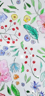 Vibrant floral art wallpaper with watercolor flowers and leaves on white background.