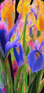 Colorful abstract iris flowers in vibrant digital art.