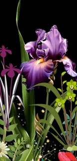 Vibrant floral wallpaper with a purple iris and lush green foliage on a dark background.