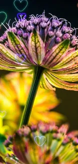 Close-up of a vibrant purple and yellow flower in artistic lighting.