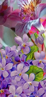 Colorful floral wallpaper with purple flowers and abstract background art.