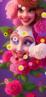 Colorful animated faces with roses on a purple background.