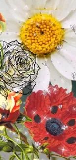 Floral art wallpaper with daisies, poppies, and a sketched rose.