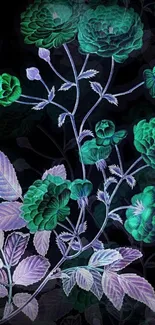 Vibrant floral wallpaper with green and purple flowers on a dark backdrop.