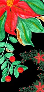 Vibrant floral wallpaper with red flowers and green leaves on black background.