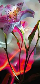 Vibrant pink floral art with abstract background.