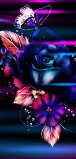 Vibrant blue rose and butterfly on black background wallpaper.