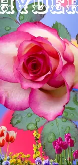 Pink rose with colorful flowers and leaves backdrop.