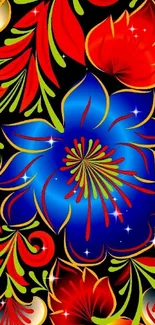 Colorful floral pattern wallpaper with vibrant blue and red flowers.