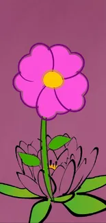 Cartoon pink flower on mauve background.