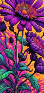 Vibrant wallpaper with purple flowers on an orange background with green leaves.