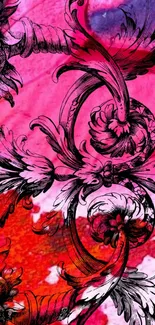 Vibrant floral art wallpaper in pink with intricate designs.