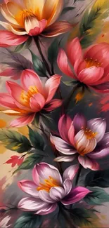 Colorful floral art wallpaper with pink blossoms.