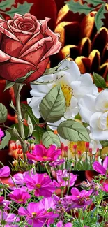 Colorful floral artwork with roses and petals.