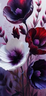 Vibrant red and purple floral art wallpaper with elegant design.