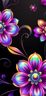 Vibrant floral artwork featuring colorful flowers on black.