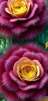 Vibrant pink and yellow roses with green leaves, artistic texture.