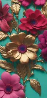 Colorful floral art with pink and gold on turquoise background