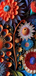 Vibrant floral paper art wallpaper with colorful blossoms.
