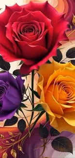 Vibrant roses in red, purple, and yellow on abstract art background.