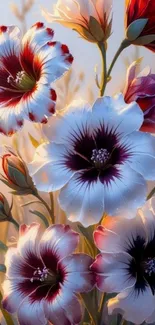 A vibrant floral wallpaper with detailed flowers in soft blue hues.