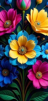 Vibrant blue and yellow flowers digital art wallpaper.