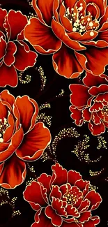 Vibrant red flowers on black background wallpaper.