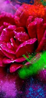 Vibrant pink rose with artistic colorful splashes - mobile wallpaper.