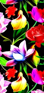 Vibrant floral mobile wallpaper with colorful blooms on a dark background.