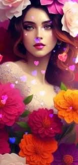 Floral art wallpaper with colorful flowers and a woman's portrait.