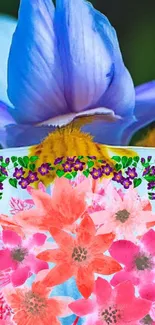 Vibrant floral art wallpaper with pink and blue flowers.