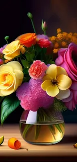 Vibrant floral arrangement in a glass vase on a wooden table.