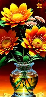 Vibrant orange flowers in a vase, set on a bright and rich background.