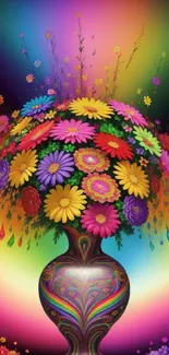 Vibrant floral bouquet in vase with a rainbow background for mobile wallpaper.