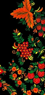 Vibrant floral art wallpaper with colorful design on a black background.