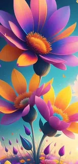 Vibrant and colorful floral art wallpaper with dreamy sky and blossoms.