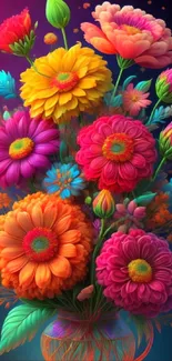 Colorful floral arrangement in a vibrant art style, perfect for phone wallpaper.