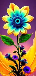 Vibrant colorful flower with yellow and purple hues on a mobile wallpaper.