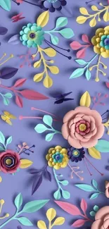 Vibrant 3D floral wallpaper with colorful flowers on a lavender background.