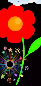 Bright red flower with green stem and colorful starburst on black background.