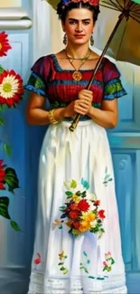 Artistic portrait with vibrant floral and umbrella accents.
