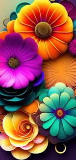 Vibrant floral wallpaper with colorful blooms and intricate design.