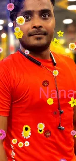 Male athlete in red with floral overlay at gym.